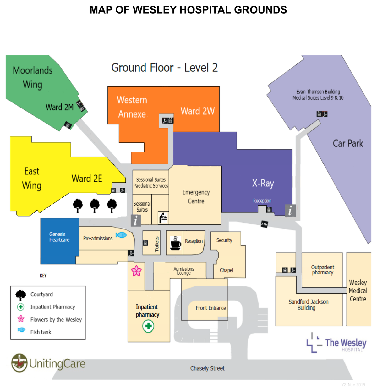 Map of The Wesley Hospital grounds, ground floor (Level 2), showing the front entrance on Chasely Street, pre-admissions, the admissions lounge, reception, the emergency centre, the car park and the Wesley Medical Centre.